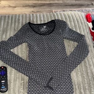 Free People Black & White Patterned Long Sleeve Scoop Neck Top